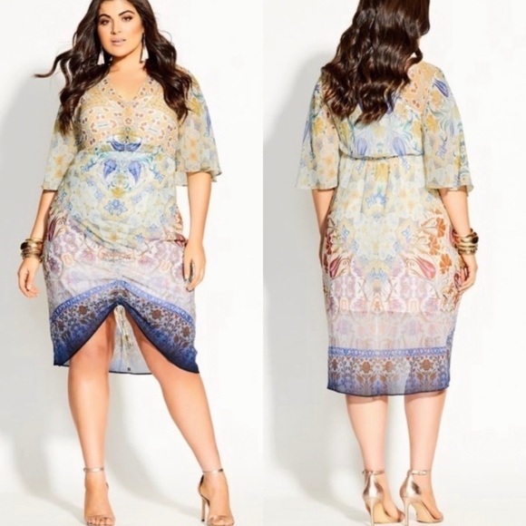 NWT City Chic Mirror Zambia Printed Shirred Knee Length Dress - Picture 1 of 8